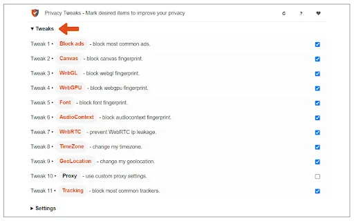 Privacy Tweaks ডাউনলোড করুন – অনলাইনে আপনার গোপনীয়তা সুরক্ষিত রাখুন - Screenshot 1
